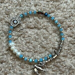 Women’s vintage dainty blue/silver‎ beaded wire charm bracelet one size